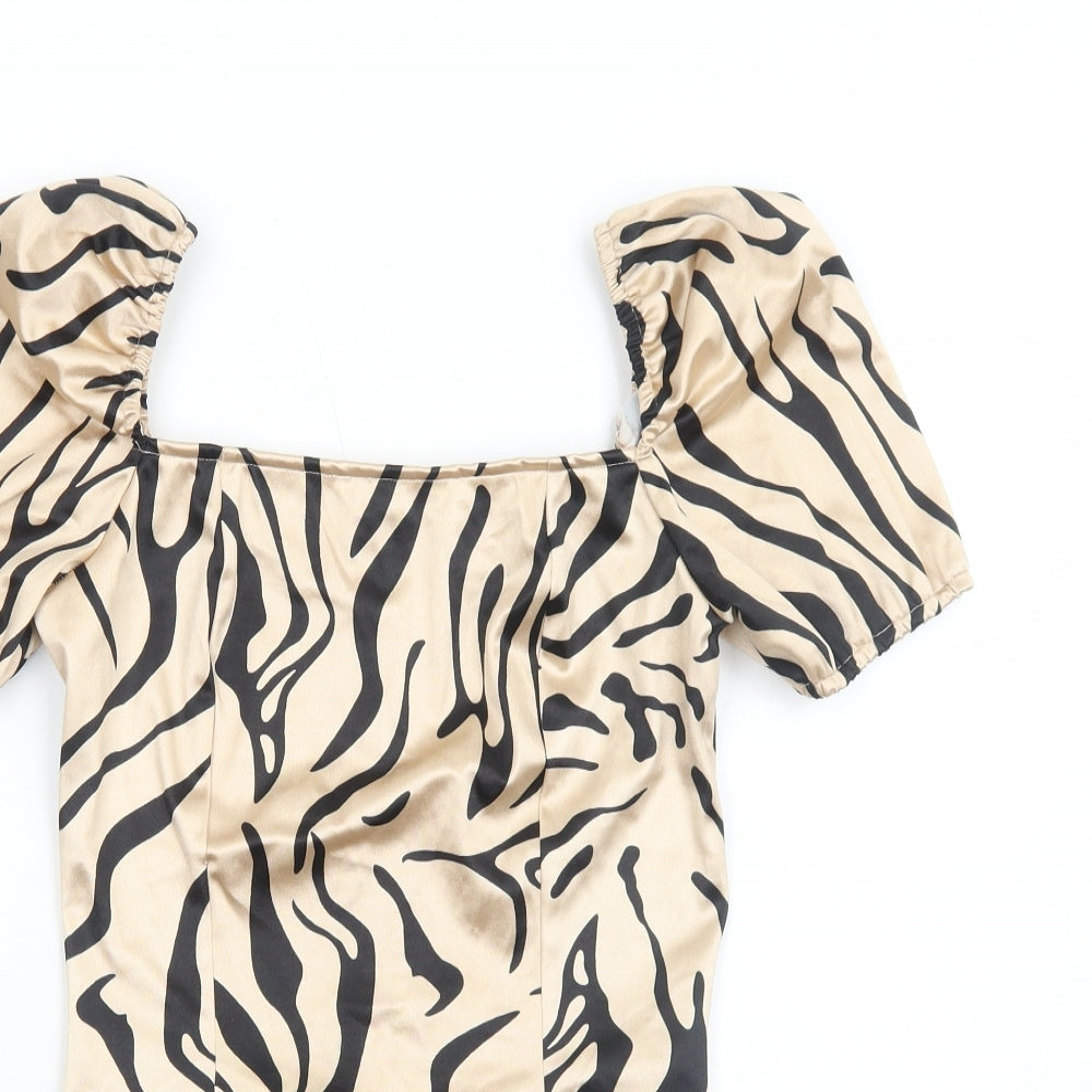 Quiz Womens Beige Animal Print Polyester Bodysuit One-Piece Size 8 Zip - Tiger Print