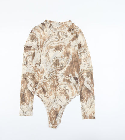 SheIn Womens Beige Geometric Polyester Bodysuit One-Piece Size S Snap