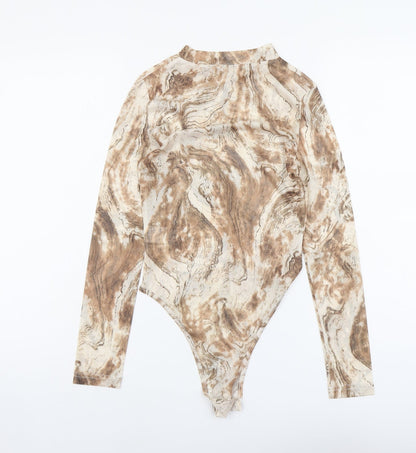 SheIn Womens Beige Geometric Polyester Bodysuit One-Piece Size S Snap