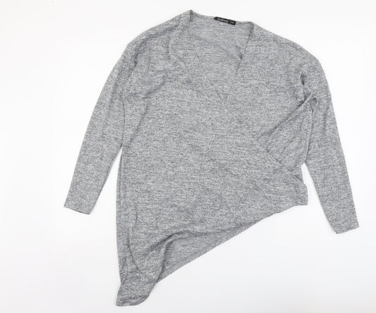 Boohoo Womens Grey Polyester Basic Blouse Size S V-Neck