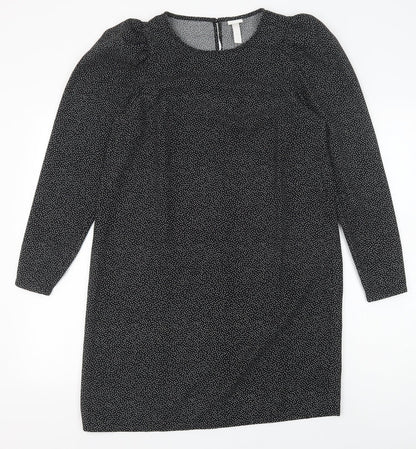 H&M Womens Black Polka Dot Polyester Shift Size S Round Neck Button