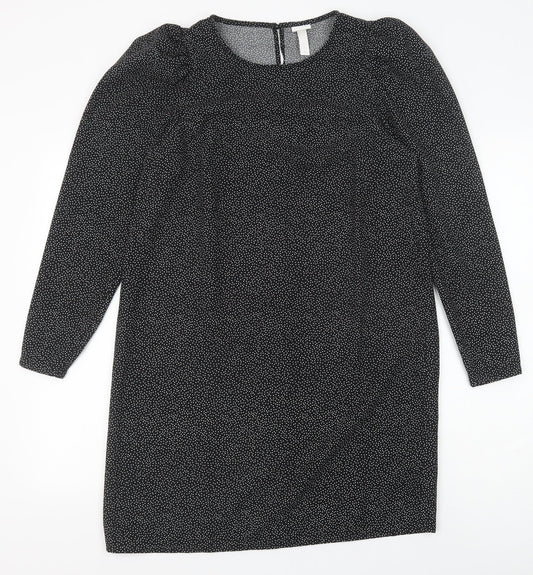 H&M Womens Black Polka Dot Polyester Shift Size S Round Neck Button