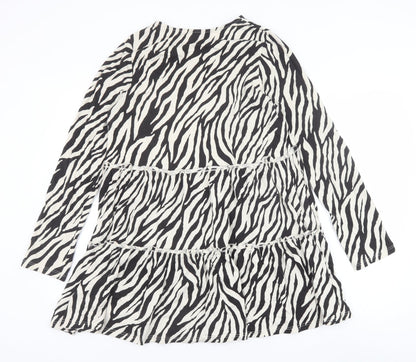 River Island Womens Black Animal Print 100% Cotton A-Line Size 14 Boat Neck Pullover - Zebra Print Tiered