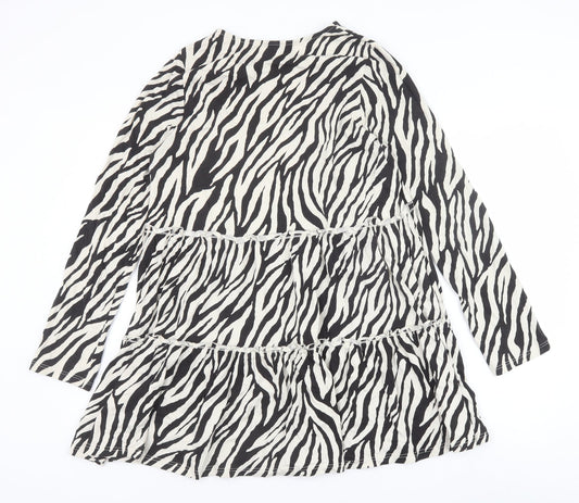 River Island Womens Black Animal Print 100% Cotton A-Line Size 14 Boat Neck Pullover - Zebra Print Tiered