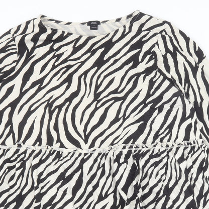 River Island Womens Black Animal Print 100% Cotton A-Line Size 14 Boat Neck Pullover - Zebra Print Tiered