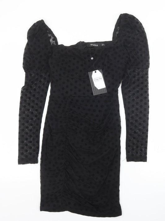 NAANAA Womens Black Polka Dot Viscose Bodycon Size 6 Square Neck Zip
