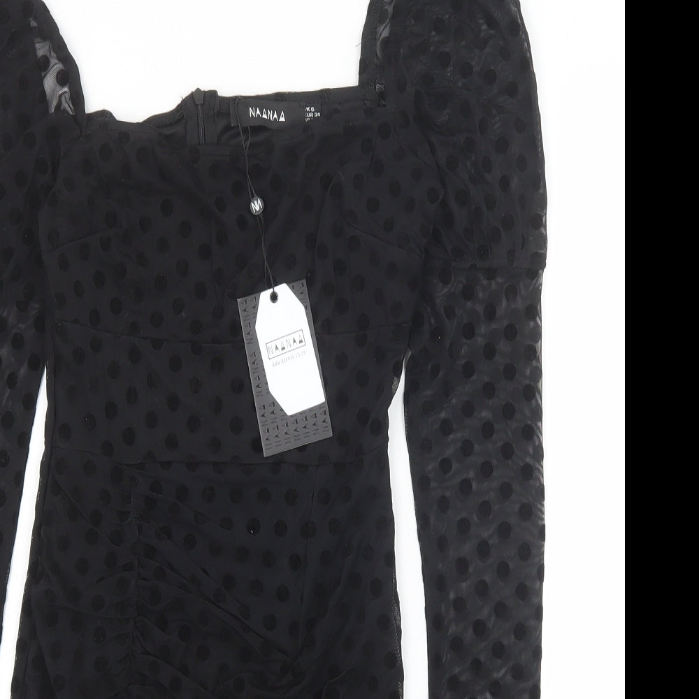 NAANAA Womens Black Polka Dot Viscose Bodycon Size 6 Square Neck Zip