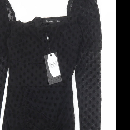 NAANAA Womens Black Polka Dot Viscose Bodycon Size 6 Square Neck Zip