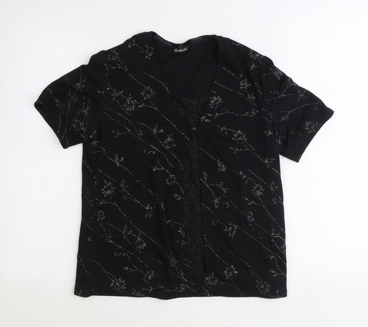 Berkertex Womens Black Floral Polyester Basic Blouse Size 12 V-Neck