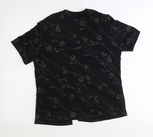 Berkertex Womens Black Floral Polyester Basic Blouse Size 12 V-Neck