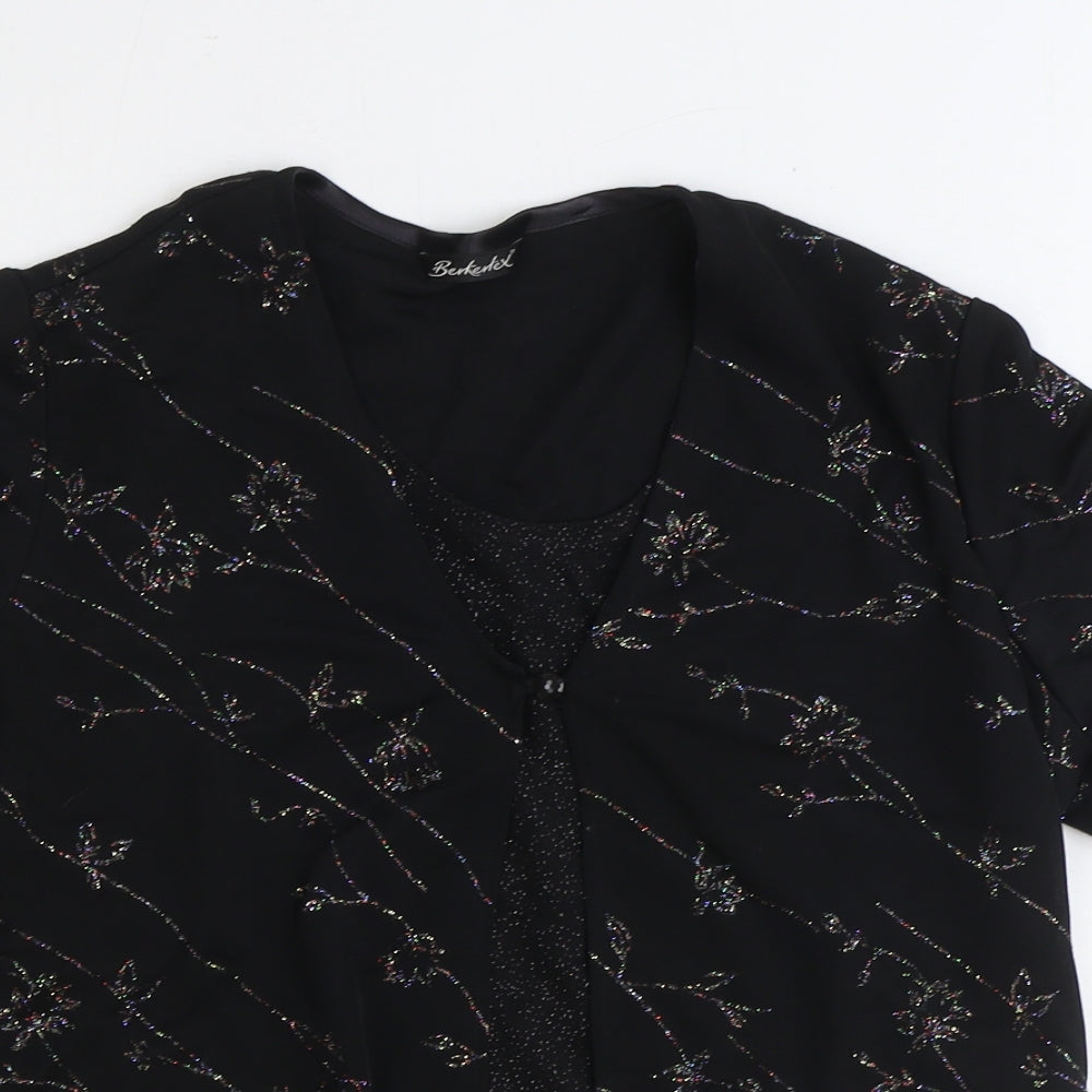 Berkertex Womens Black Floral Polyester Basic Blouse Size 12 V-Neck