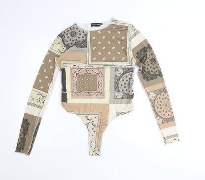 PRETTYLITTLETHING Womens Brown Geometric Polyester Bodysuit One-Piece Size 16 Snap - Patchwork