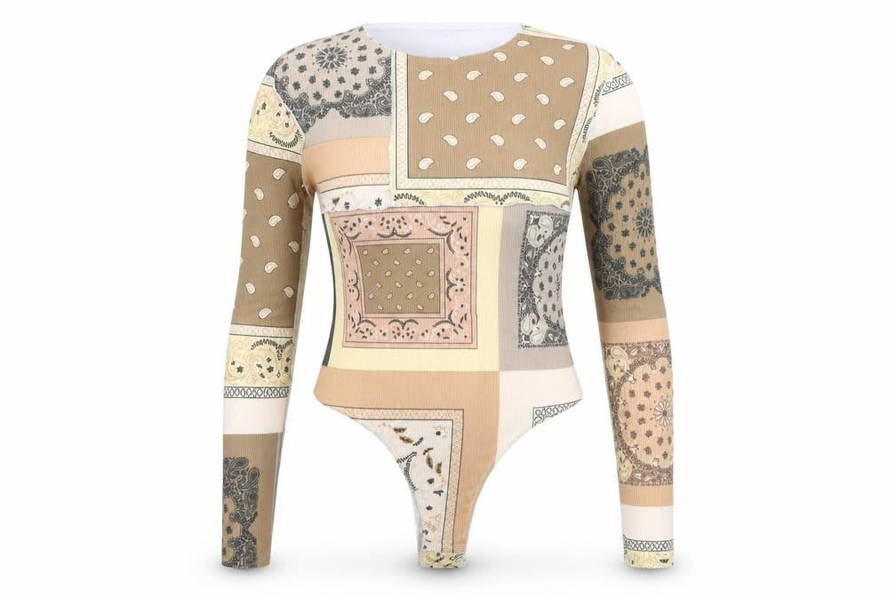 PRETTYLITTLETHING Womens Brown Geometric Polyester Bodysuit One-Piece Size 16 Snap - Patchwork