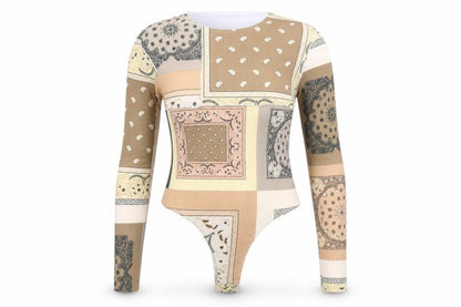 PRETTYLITTLETHING Womens Brown Geometric Polyester Bodysuit One-Piece Size 16 Snap - Patchwork