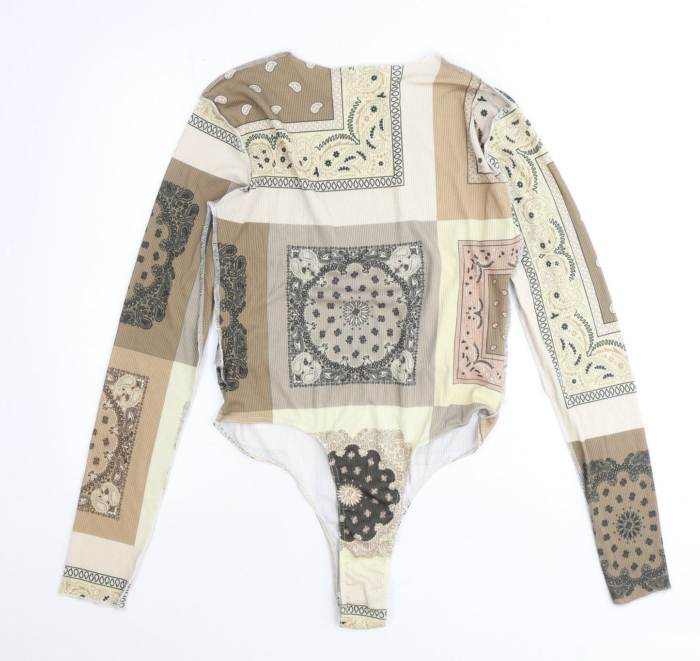 PRETTYLITTLETHING Womens Brown Geometric Polyester Bodysuit One-Piece Size 16 Snap - Patchwork