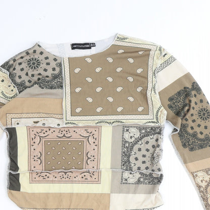 PRETTYLITTLETHING Womens Brown Geometric Polyester Bodysuit One-Piece Size 16 Snap - Patchwork