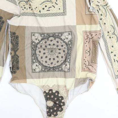 PRETTYLITTLETHING Womens Brown Geometric Polyester Bodysuit One-Piece Size 16 Snap - Patchwork