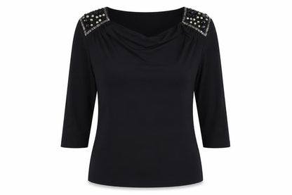 Country Casuals Womens Black Polyester Basic T-Shirt Size M Cowl Neck - Shoulder Detail