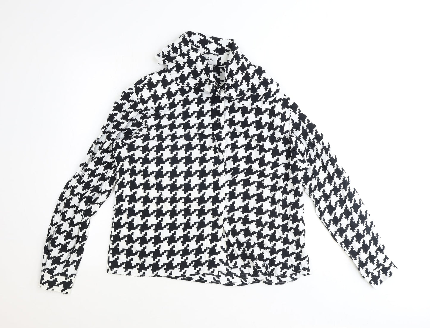 jenni R Womens Black Geometric Polyester Basic Blouse Size 14 High Neck