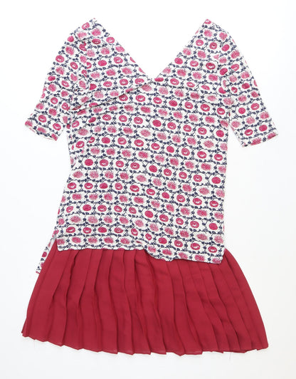 NEXT Womens Red Geometric Polyester A-Line Size 8 V-Neck Pullover - Pleated