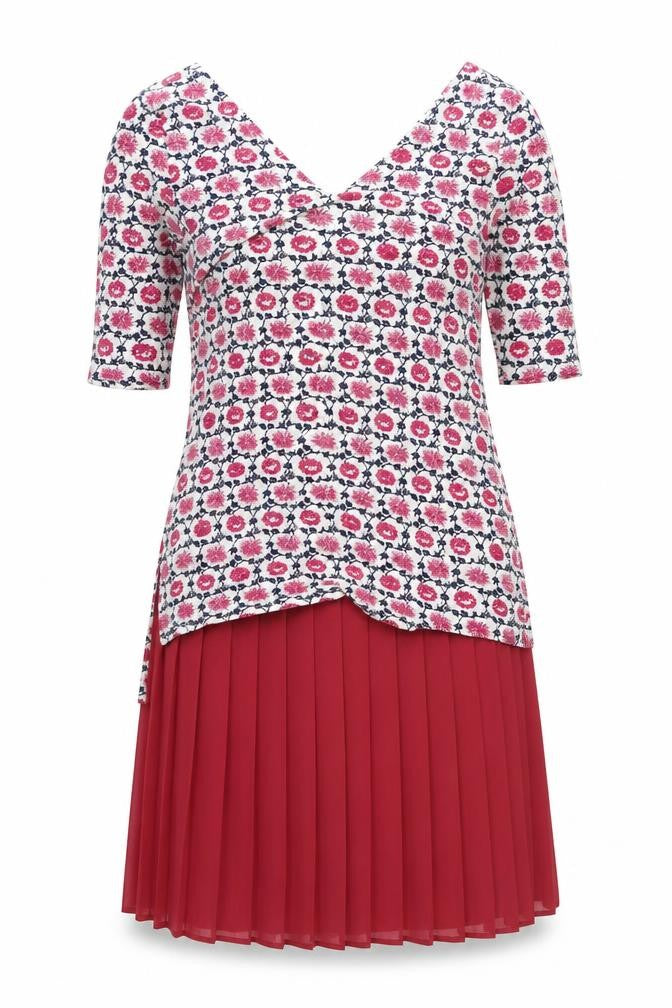 NEXT Womens Red Geometric Polyester A-Line Size 8 V-Neck Pullover - Pleated