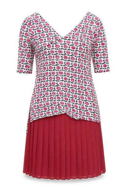 NEXT Womens Red Geometric Polyester A-Line Size 8 V-Neck Pullover - Pleated