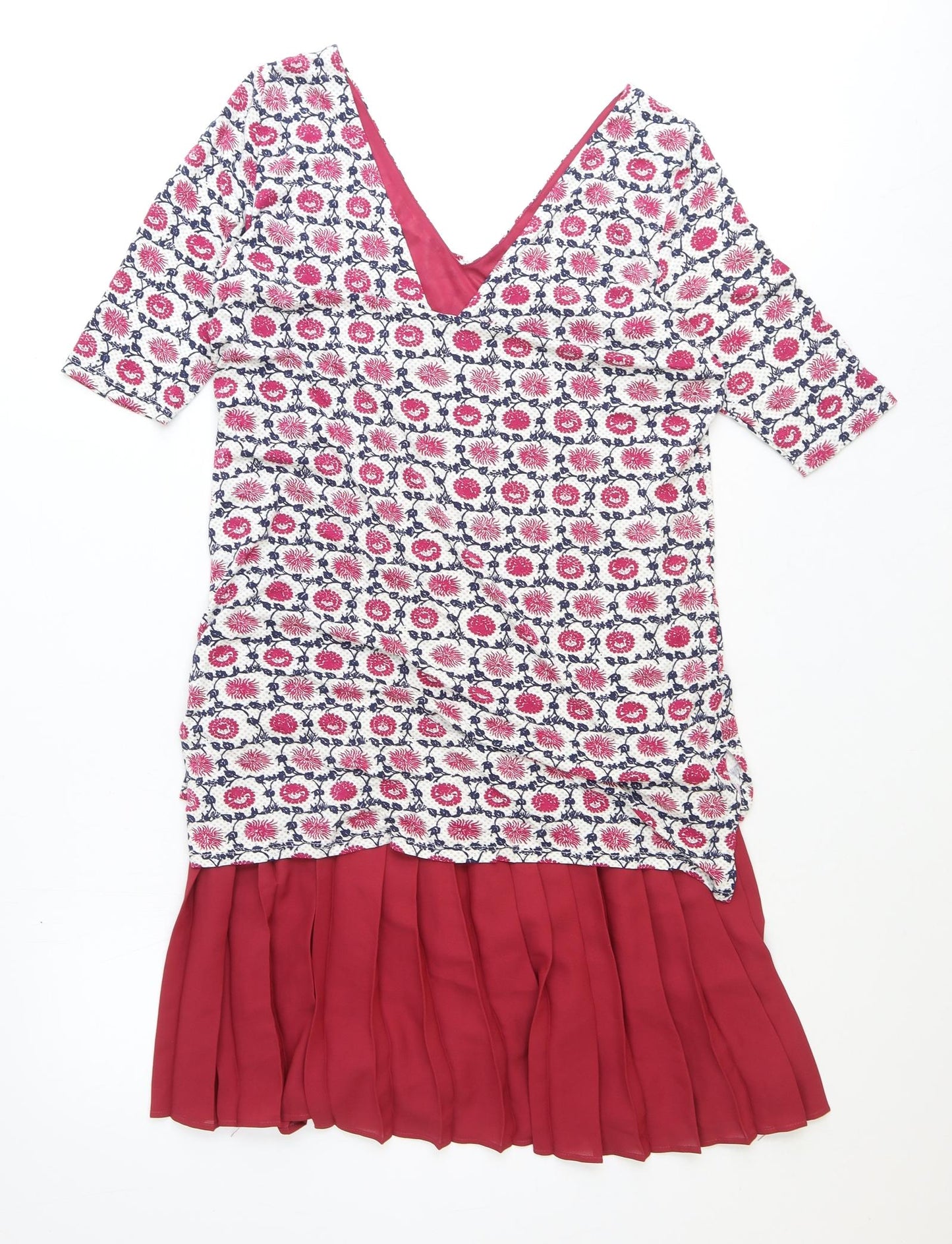 NEXT Womens Red Geometric Polyester A-Line Size 8 V-Neck Pullover - Pleated