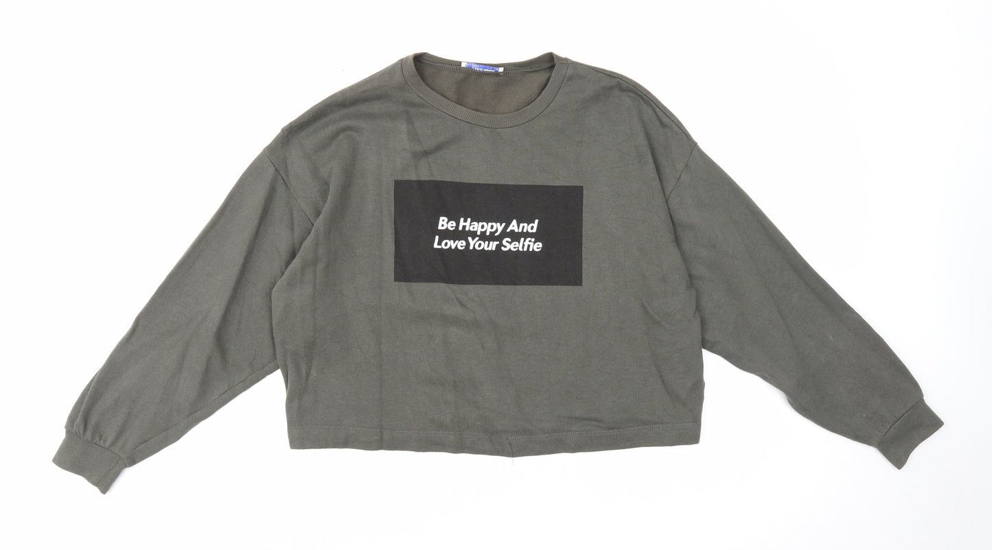 Zara Womens Green Cotton Pullover Sweatshirt Size S Pullover - Cropped, Be Happy & Love Your Selfie
