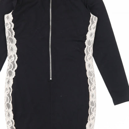 Love Label Womens Black Polyester Pencil Dress Size 12 Round Neck Zip - Lace Overlay