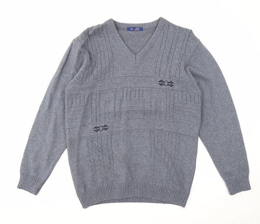 BHS Mens Grey V-Neck Cotton Pullover Jumper Size S Long Sleeve