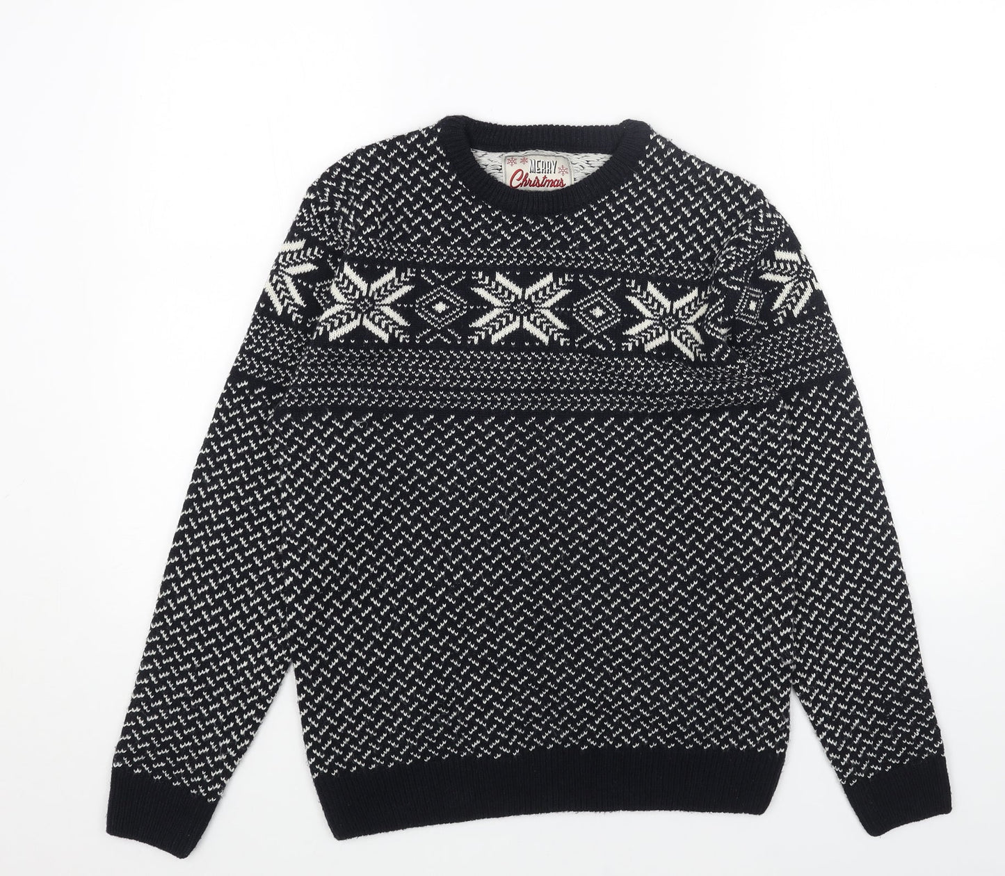 Preworn Mens Blue Round Neck Fair Isle Acrylic Pullover Jumper Size S Long Sleeve