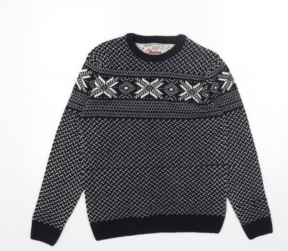 Preworn Mens Blue Round Neck Fair Isle Acrylic Pullover Jumper Size S Long Sleeve