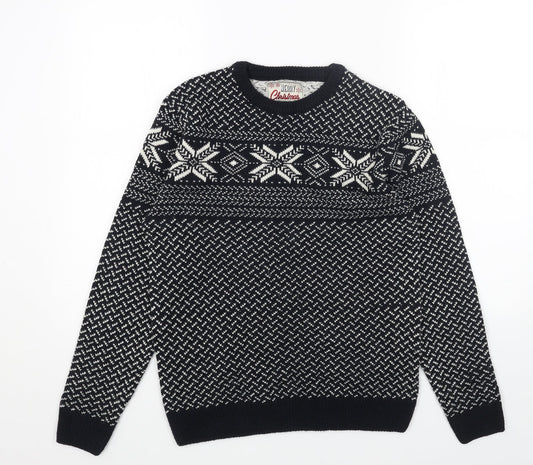 Preworn Mens Blue Round Neck Fair Isle Acrylic Pullover Jumper Size S Long Sleeve