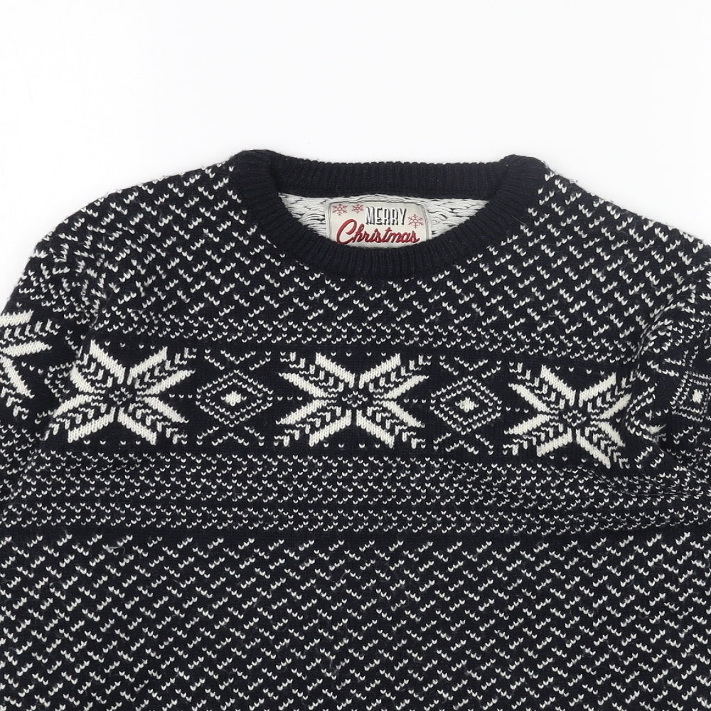 Preworn Mens Blue Round Neck Fair Isle Acrylic Pullover Jumper Size S Long Sleeve