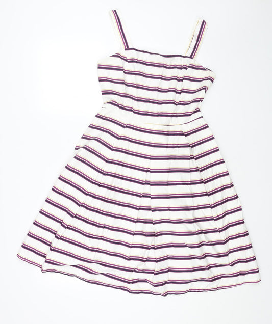 TU Womens White Striped Viscose Fit & Flare Size 10 Square Neck Zip