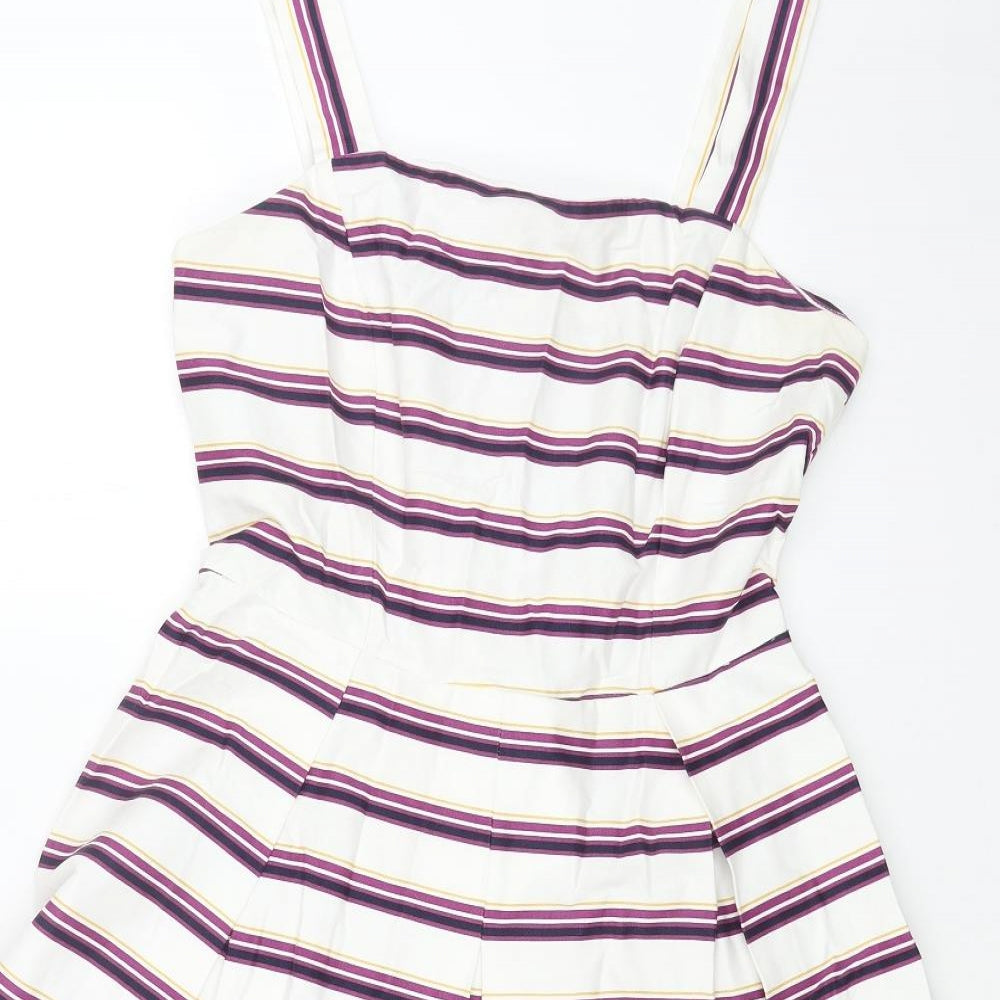 TU Womens White Striped Viscose Fit & Flare Size 10 Square Neck Zip