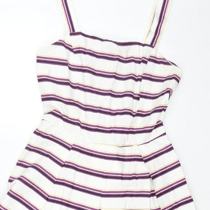 TU Womens White Striped Viscose Fit & Flare Size 10 Square Neck Zip