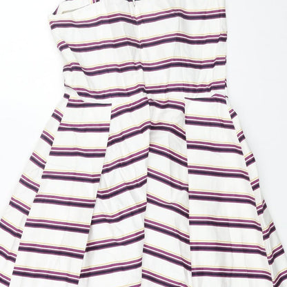 TU Womens White Striped Viscose Fit & Flare Size 10 Square Neck Zip