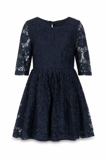 Front view of Miss Evie girls’ blue polyester a-line, size 9, years round neck button