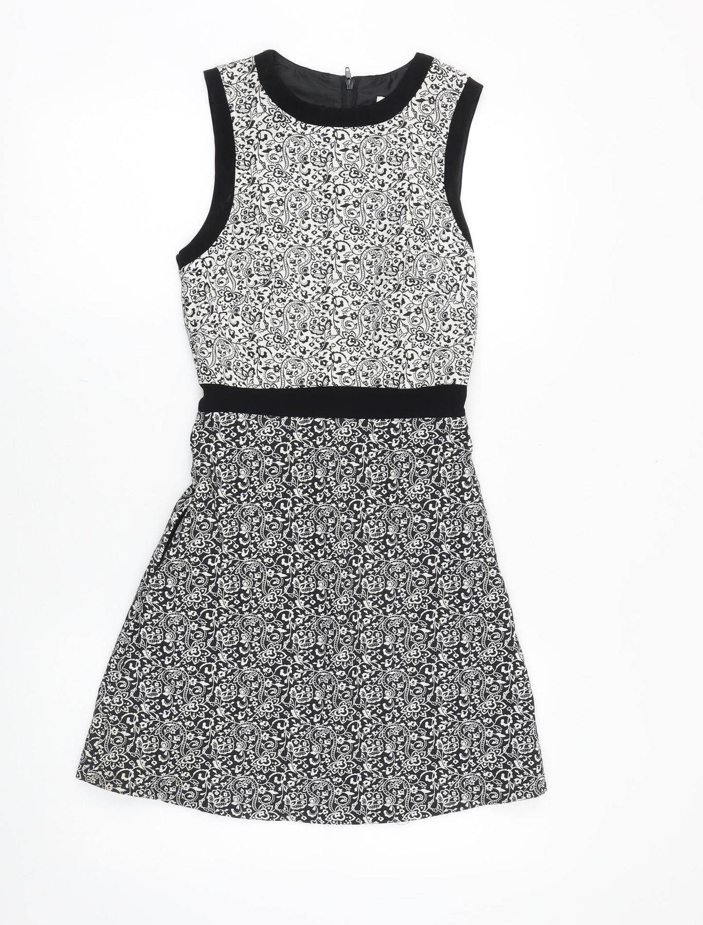 Miss Selfridge Womens Black Floral Polyester A-Line Size 4 Scoop Neck Zip