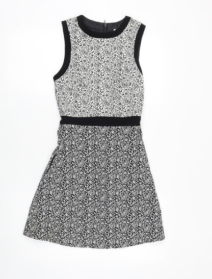 Miss Selfridge Womens Black Floral Polyester A-Line Size 4 Scoop Neck Zip