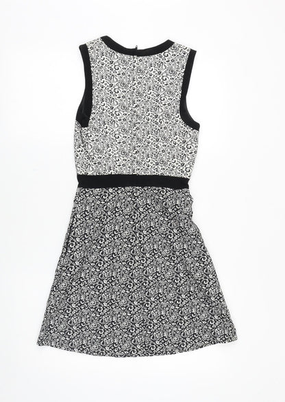 Miss Selfridge Womens Black Floral Polyester A-Line Size 4 Scoop Neck Zip