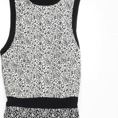 Miss Selfridge Womens Black Floral Polyester A-Line Size 4 Scoop Neck Zip