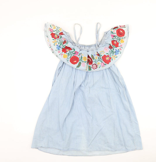 Topshop Womens Blue Floral 100% Cotton A-Line Size 6 Square Neck Pullover - Cold Shoulder