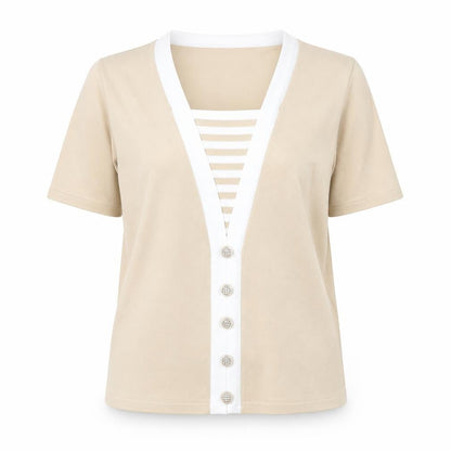 Casamia Womens Beige Acrylic Basic T-Shirt Size M V-Neck