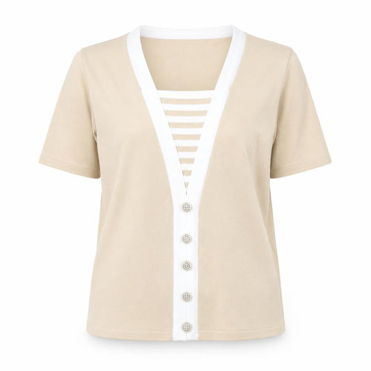 Casamia Womens Beige Acrylic Basic T-Shirt Size M V-Neck