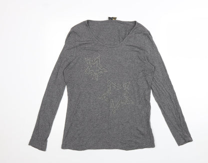 Creation L Womens Grey Cotton Basic T-Shirt Size 12 Scoop Neck - Stars