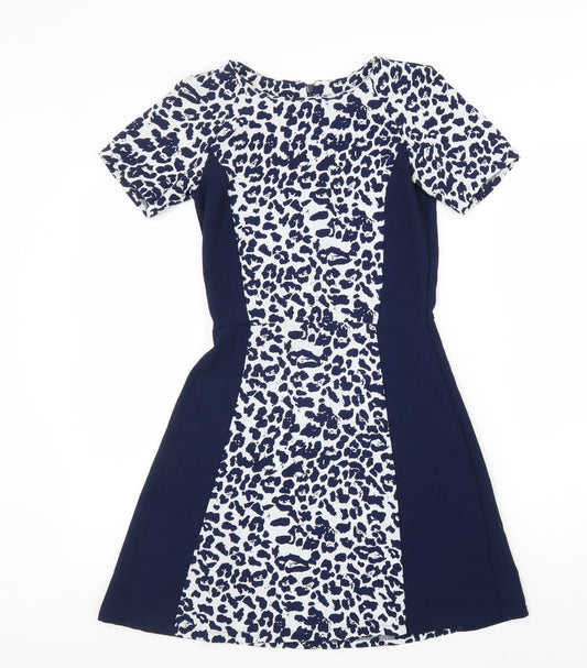 Atmosphere Womens Blue Animal Print Polyester A-Line Size 6 Round Neck Zip - Leopard print