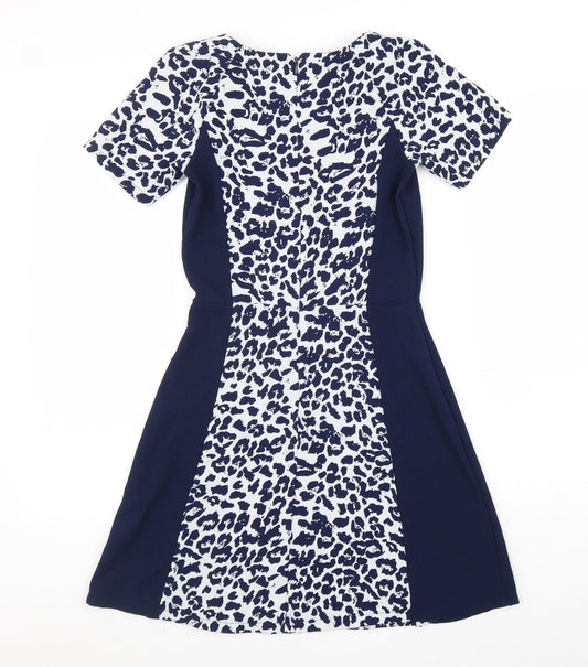 Atmosphere Womens Blue Animal Print Polyester A-Line Size 6 Round Neck Zip - Leopard print