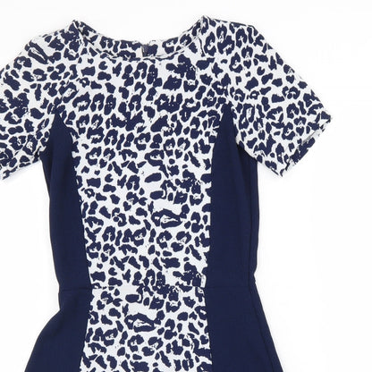 Atmosphere Womens Blue Animal Print Polyester A-Line Size 6 Round Neck Zip - Leopard print